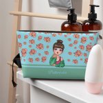 Personalized  Cartoon Girl Flying Birth Flower Portable Makeup Bag with Name Birthday Anniversary Gift for Women