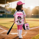 Personalised Stripes Cartoon Baseball Kid Character Backpack Lunch Bag Pencil Case Set with Name Back to School Birthday Gift for Boys Girls