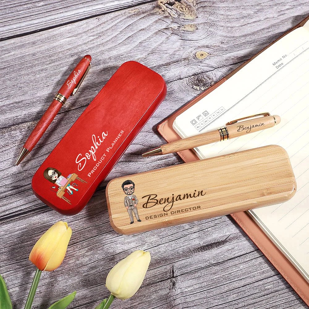 Stylo à bille et étui en bois personnalisé avec nom et titre Fournitures de bureau Cadeau d'appréciation pour employés Collègues