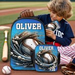 Personalized 3D Thunder Heat Baseball Basketball Backpack Lunch Bag Pencil Case Set with Name Back to School Birthday Gift for Kids Ball Sports Lover