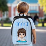 Personalized Colorful Vertical Stripe Cartoon Character Backpack Lunch Bag Pencil Case Set with Name Back to School Gift for Kids Teenagers Students