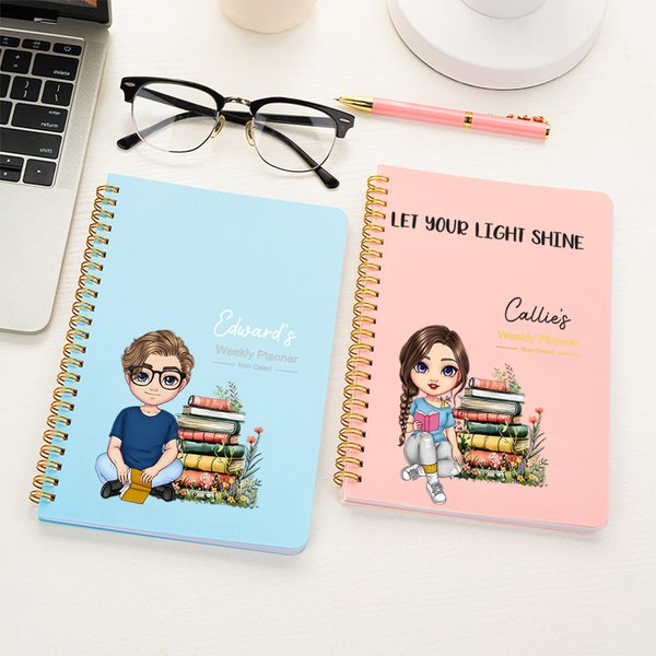 Personalized Floral Book Cartoon Reading Character Weekly Planner A5 Notebook with Name and Title Back to School Birthday Gift for Family Friends