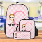 Mochila personalizada con estampado de cuadros de personajes de dibujos animados Bolsa de almuerzo Estuche con iniciales y nombre Regalo de vuelta al cole para niños estudiantes