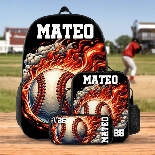 Personalized 3D Thunder Heat Baseball Basketball Backpack Lunch Bag Pencil Case Set with Name Back to School Birthday Gift for Kids Ball Sports Lover