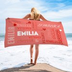 Toalla de playa personalizada con nube de palabras multicolores y nombre secado rápido regalo de verano en la piscina para la familia y amigos