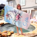 Personlig enhörning moln blommor snabbtorkande större strandhandduk med namn sommarlov tillbehör födelsedagspresent