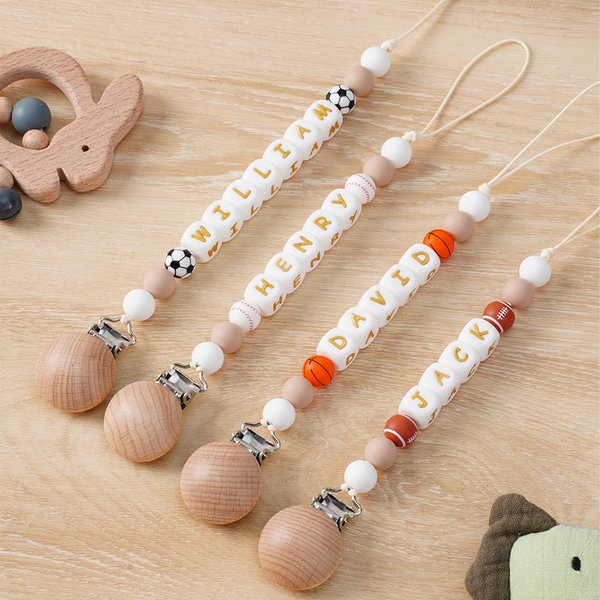 Personalized Ball Sports Silicone Beaded Pacifier Clip Holder with Name Fits Most Pacifiers Teether Toy Baby Shower Gift for Newborn