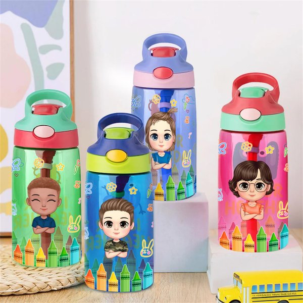 Personalisierte bunte Buntstifte niedlichen Cartoon-Charakter 16 oz Kind Wasserflasche mit Namen und Initialen zurück zu Schule Geburtstag Geschenk für Jungen Mädchen