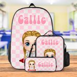 Personalized Multicolour Plaid  Cute Cartoon Character Backpack Lunch Bag Pencil Case Set with Name Back to School Birthday Gift for Boys Girls
