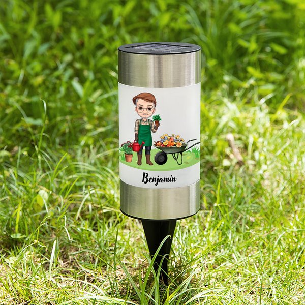Lampe solaire de jardin imperméable avec nom amovible Personnalisé Cartoon Gardener Décoration de jardin Cadeau d'anniversaire pour la famille Les amoureux du jardinage