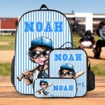 Personalised Stripes Cartoon Baseball Kid Character Backpack Lunch Bag Pencil Case Set with Name Back to School Birthday Gift for Boys Girls