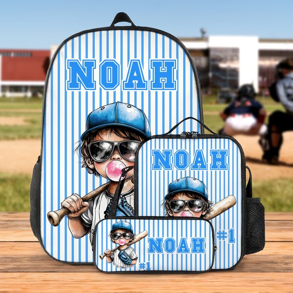 Personalised Stripes Cartoon Baseball Kid Character Backpack Lunch Bag Pencil Case Set with Name Back to School Birthday Gift for Boys Girls