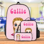 Personalized Colorful Vertical Stripe Cartoon Character Backpack Lunch Bag Pencil Case Set with Name Back to School Gift for Kids Teenagers Students