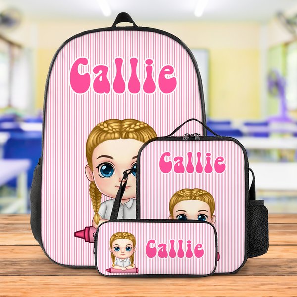 Personalised Colourful Vertical Stripe Cartoon Character Backpack Lunch Bag Pencil Case Set with Name Back to School Gift for Kids Teenagers Students