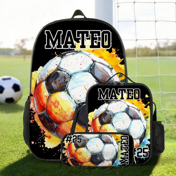 Personalized Watercolour Soccer Rugby Backpack Lunch Bag Pencil Case Set with Name Number Back to School Team Training Day Birthday Gift for Boys Girls