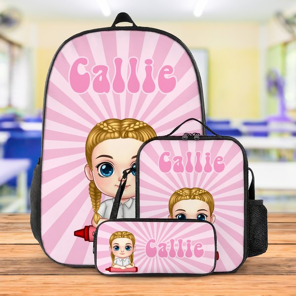 Personalised Colourful Retro Ray Cartoon Character Backpack Lunch Bag Pencil Case Set with Name Back to School Gift for Students