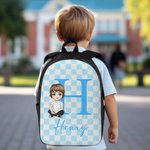 Mochila personalizada con estampado de cuadros de personajes de dibujos animados Bolsa de almuerzo Estuche con iniciales y nombre Regalo de vuelta al cole para niños estudiantes