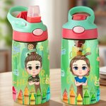 Personalisierte bunte Buntstifte niedlichen Cartoon-Charakter 16 oz Kind Wasserflasche mit Namen und Initialen zurück zu Schule Geburtstag Geschenk für Jungen Mädchen