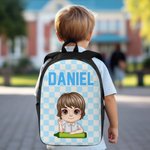 Personalized Multicolour Plaid  Cute Cartoon Character Backpack Lunch Bag Pencil Case Set with Name Back to School Birthday Gift for Boys Girls