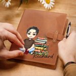 Personalized Floral Book Cartoon Reading Character A5 Sketchbook Notebook PU Leather Cover with Name and Storage Pocket Birthday Gift for Family