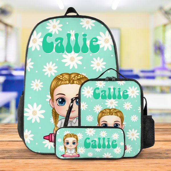 Personalised Multicolor Daisy Cartoon Character Backpack Lunch Bag Pencil Case Set with Name Back to School Birthday Gift for Boys Girls