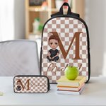 Mochila personalizada con estampado de cuadros de personajes de dibujos animados Bolsa de almuerzo Estuche con iniciales y nombre Regalo de vuelta al cole para niños estudiantes