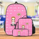 Personalizado lindo personaje de dibujos animados Corazón Nacimiento Flor Mochila Bolsa de almuerzo Estuche con nombre de vuelta a la escuela Regalo de cumpleaños para niños Niñas