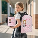 Mochila personalizada con estampado de cuadros de personajes de dibujos animados Bolsa de almuerzo Estuche con iniciales y nombre Regalo de vuelta al cole para niños estudiantes