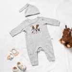 Personalised Embroidery Cow Print Initial 100% Cotton Baby Romper Hat Set with Name Welcome Baby Party Baby Shower Gift for Newborns