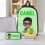 Personalized Colorful Vertical Stripe Cartoon Character Backpack Lunch Bag Pencil Case Set with Name Back to School Gift for Kids Teenagers Students