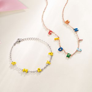 Personalised Colorful Enamel Bubble Letter Bracelet Necklace with Name Dainty Jewellery Anniversary Birthday Gift for Women