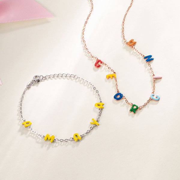 Personalised Colourful Enamel Bubble Letter Bracelet Necklace with Name Dainty Jewellery Anniversary Birthday Gift for Women