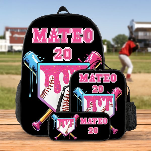 Personalized Ice Cream Dripping Baseball Backpack Lunch Bag Pencil Case Set with Name and Number Back to School Birthday Gift for Boys Girls