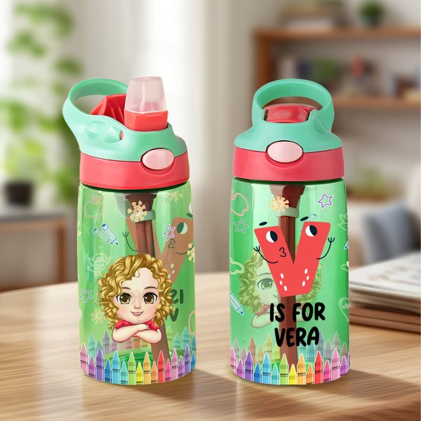 Gepersonaliseerd schattig cartoon karakter initiaal 16 oz Kid waterfles met naam en siliconen rietje verjaardag terug naar school Gift voor jongens meisjes
