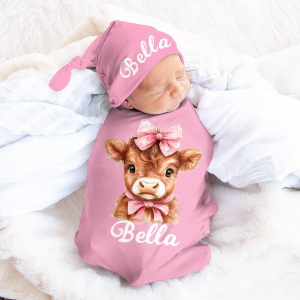 Personalized Blue Pink Highland Cow Swaddle and Knot Hat Set with Name Baby Shower Birthday Gift for Newborns Babies
