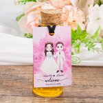 Personalised Cartoon Bride and Groom Watercolour Label Shot Bottle with Name and Date Wedding Favor Decor for Couple Guest Newlywed