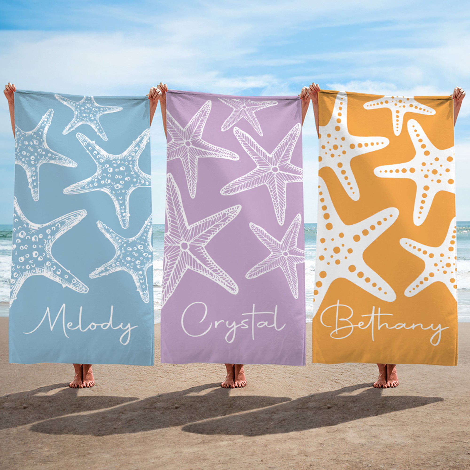 Serviette de plage surdimensionnée personnalisée étoile de mer multicolore à séchage rapide avec le nom de la personne Cadeau d'anniversaire pour fille femme