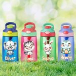 Gepersonaliseerd schattig lachend dierenpatroon naam 16 oz Kid waterfles met siliconen rietje en handvat Verjaardag terug naar school Gift voor jongens meisjes