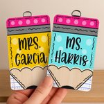 Personalized Polka Dots Pencil Design PU Leather ID Badge Holder with Text Back to School Teacher's Day Appreciation Gift for Teacher