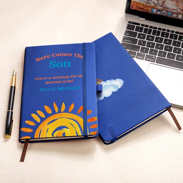 Gepersonaliseerd Here Comes the Son Multicolor PU Leather Gastenboek met namen en 80 gelinieerde pagina's kraamcadeau voor nieuwe ouders