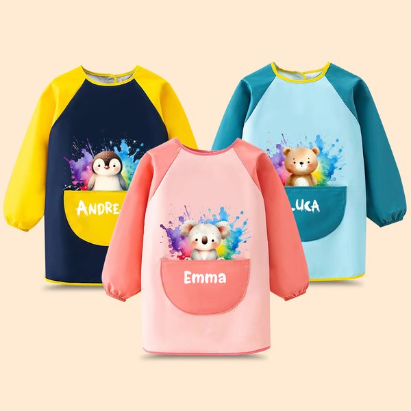Personalized Cute Animal Koala Penguin Long Sleeve Kid Apron with Name Cooking Painting Handcraft Activities Birthday Holiday Gift for Kids