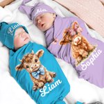 Personalized Blue Pink Highland Cow Swaddle and Knot Hat Set with Name Baby Shower Birthday Gift for Newborns Babies