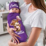 Personalized Blue Pink Highland Cow Swaddle and Knot Hat Set with Name Baby Shower Birthday Gift for Newborns Babies