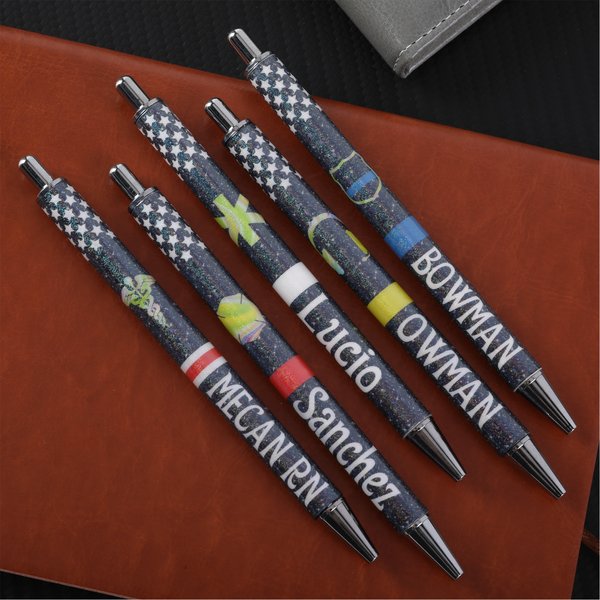 Stylo à bille rechargeable avec nom Insigne de police pailleté personnalisé Casque de pompier Étoile Cadeau de retraite pour les premiers intervenants