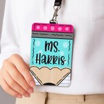 Personalized Polka Dots Pencil Design PU Leather ID Badge Holder with Text Back to School Teacher's Day Appreciation Gift for Teacher