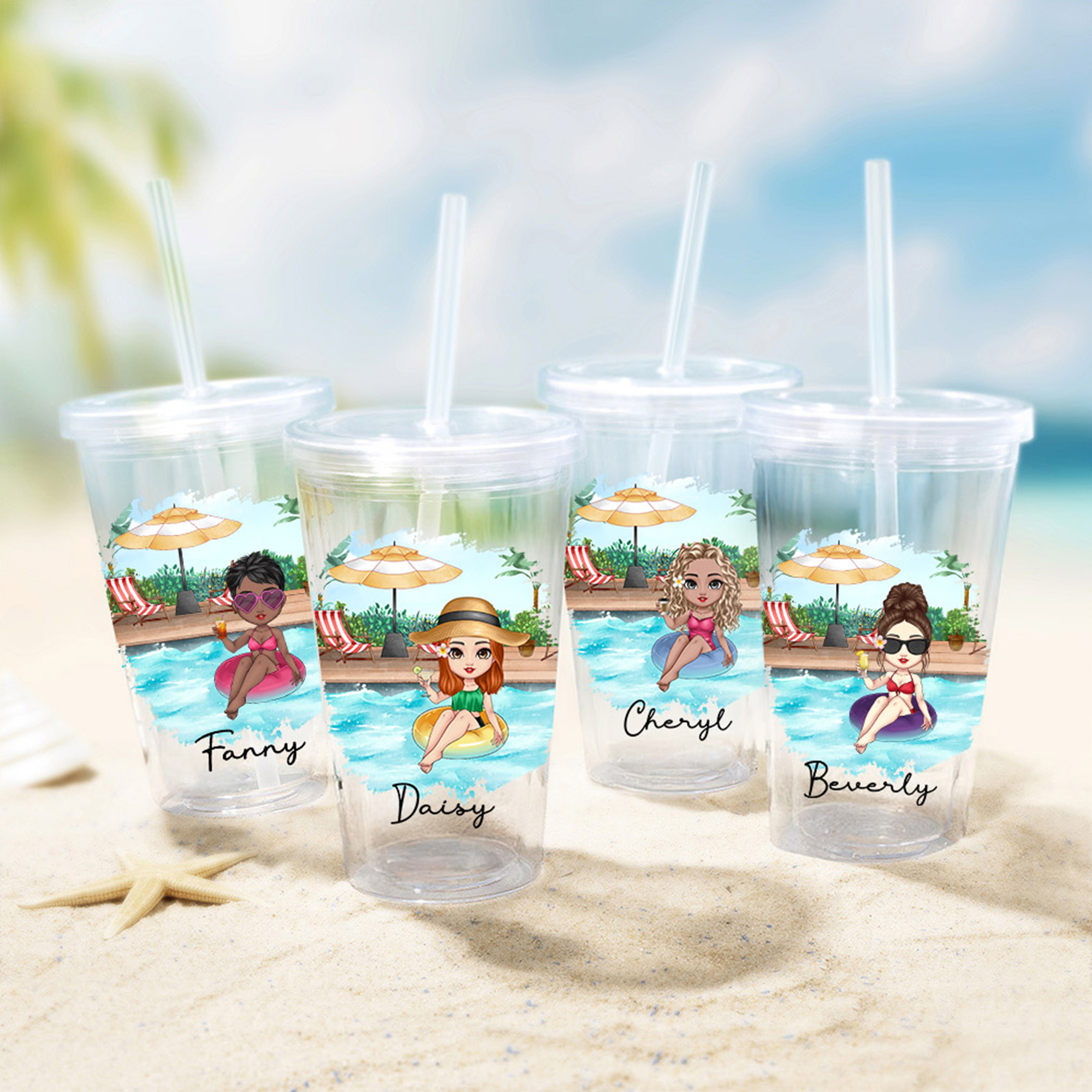 Personnalisé Pool Vacation Cartoon Girl Name 16 oz Acrylic Tumbler with Straw and Lid Beach Party Holiday Gift for Women