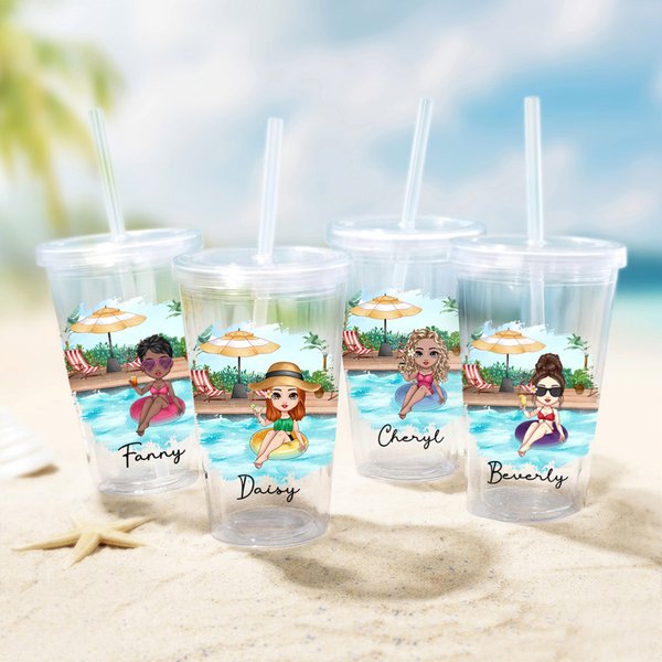 Personalised Pool Vacation Cartoon Girl Name 16 oz Acrylic Tumbler with Straw and Lid Beach Party Holiday Gift for Women