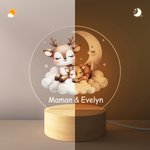 Veilleuse LED Personnalisée avec Nom Maman et Bébé Animaux Lune Nuage Décoration de Chambre avec Socle en Bois Cadeau Anniversaire Noël pour Enfant
