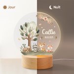 Veilleuse LED Personnalisée avec Nom et Texte Style d'Animaux de la Forêt Décoration Intérieure avec Base en Bois Cadeau Anniversaire Fête pour Enfant
