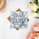 Gepersonaliseerde Retro Franse Toile De Jouy Stijl Vierkante Keramische Onderzetter met Initiaal en Naam Huwelijk Verlovingsgeschenk voor Pasgetrouwd Paar